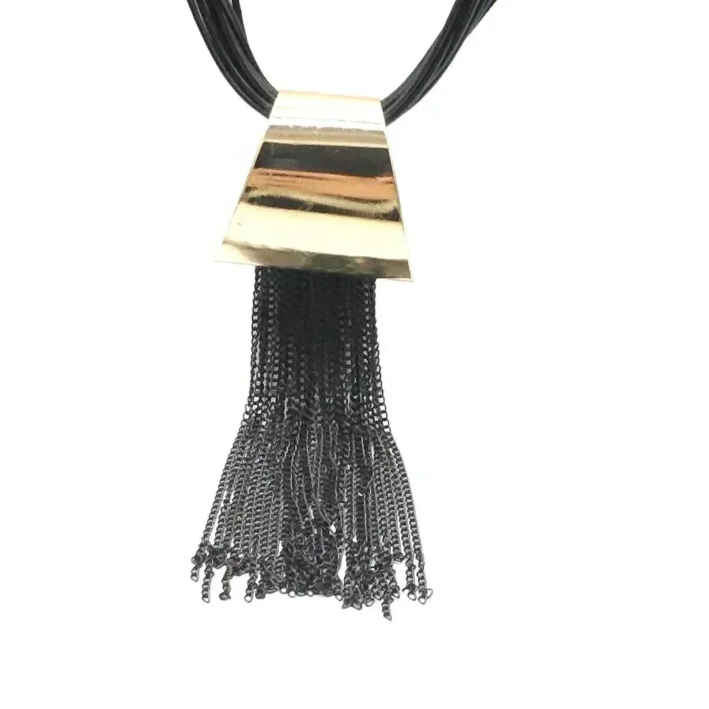 Multi Leather Cords Draping Tassel Statement Necklace Adjustable Gold Tone VTG
